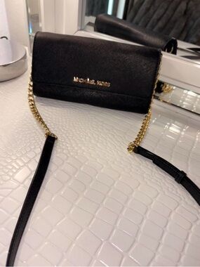 MICHAEL KORS Black Saffiano Leather Crossbody with Gold Chain